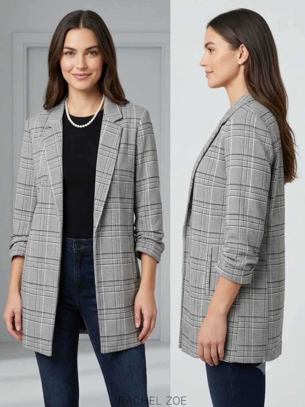 Rachel Zoe White Gray Black 3/4 Sleeves Plaid Longline Blazer Women's Size Large